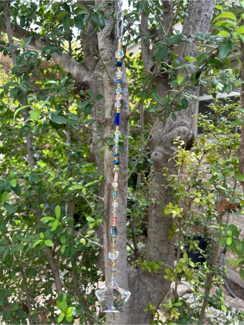 17” handmade mixed star & moon Crystal beaded strand suncatcher with star prism